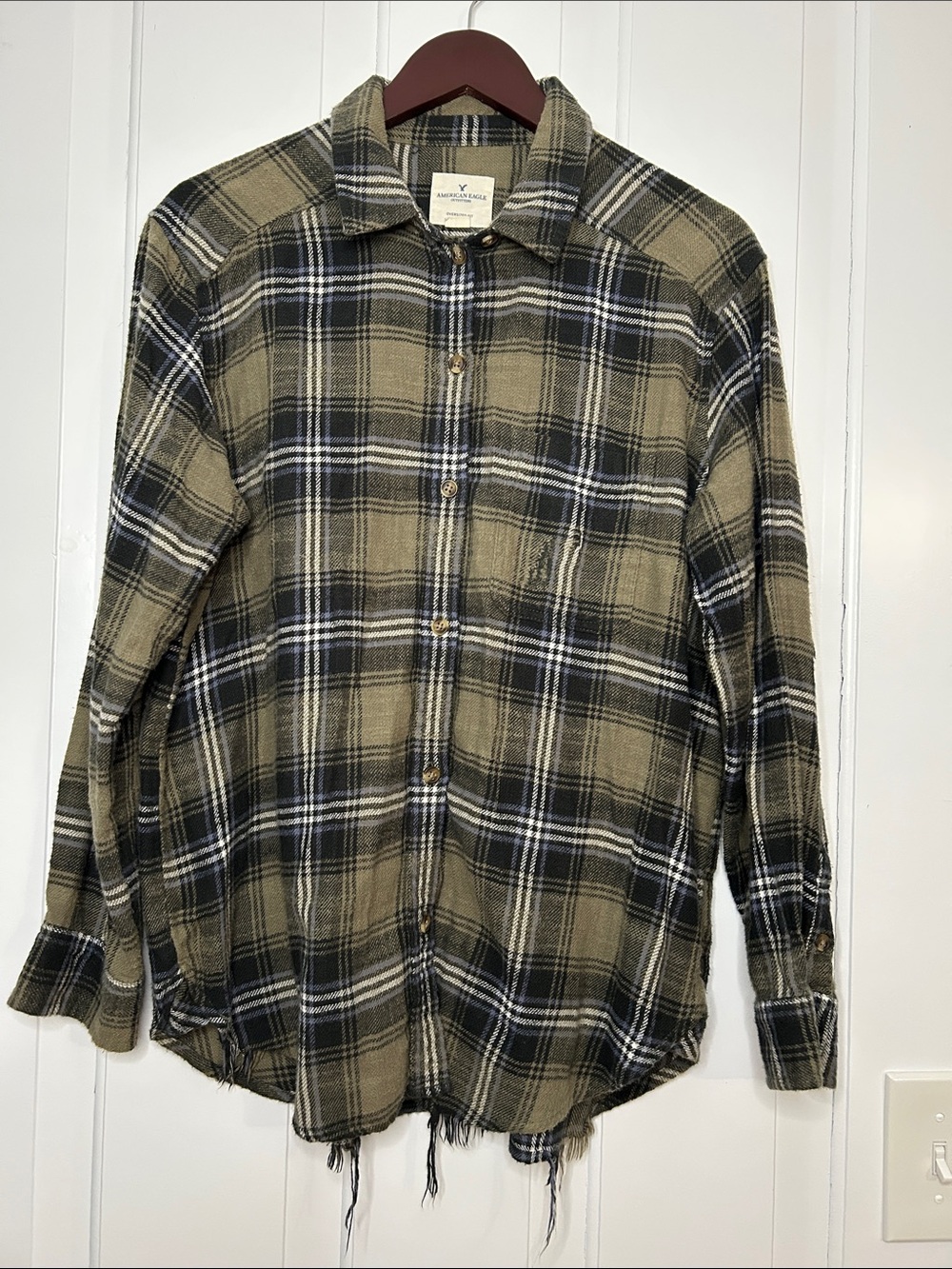 Abercrombie & Fitch Olive and Black Plaid Button-Down grunge oversized worn top